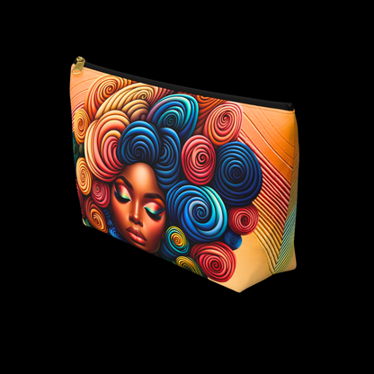 Colorful pouch with artistic design of a face and swirling patterns on a black background