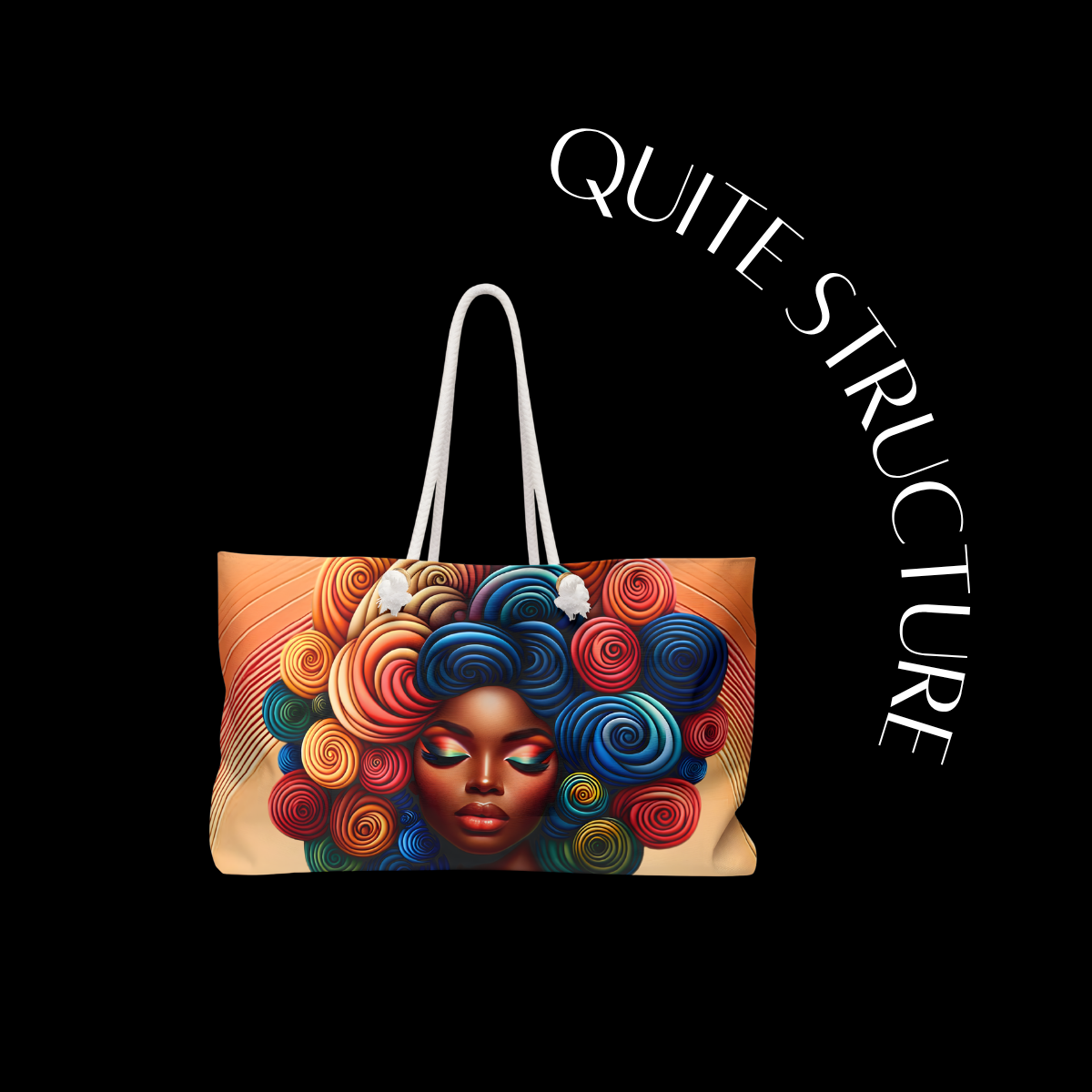 Tote bag with colorful design of a face and text 'Quite Structure' on a black background