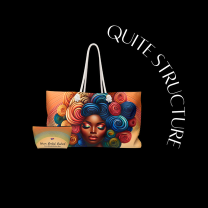Colorful tote bag with artistic design of a face and 'Quite Structure' branding on a black background.