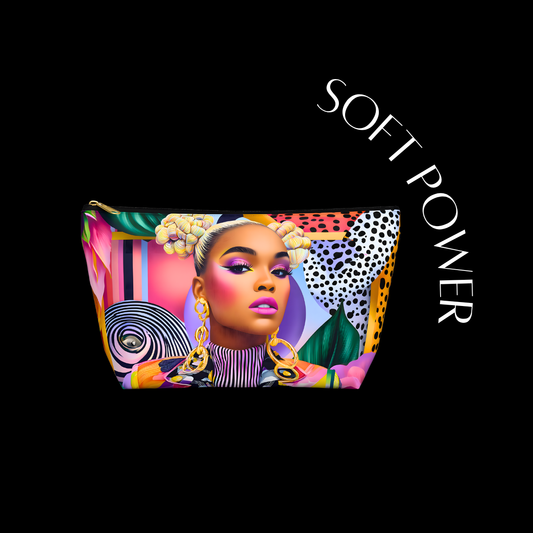 Colorful makeup bag with a woman's face and 'SOFT POWER' text on a black background