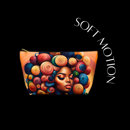 Makeup bag with colorful design of a face and 'Soft Motion' text on a black background