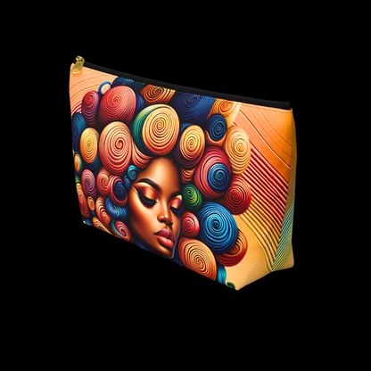 Clutch bag with a colorful design of a woman's face on a black background