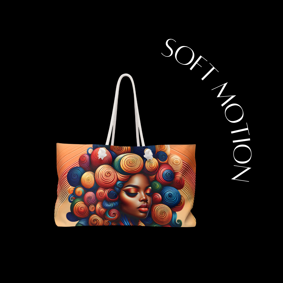 Tote bag with colorful design of a face on a black background, featuring the brand 'Soft Motion'.