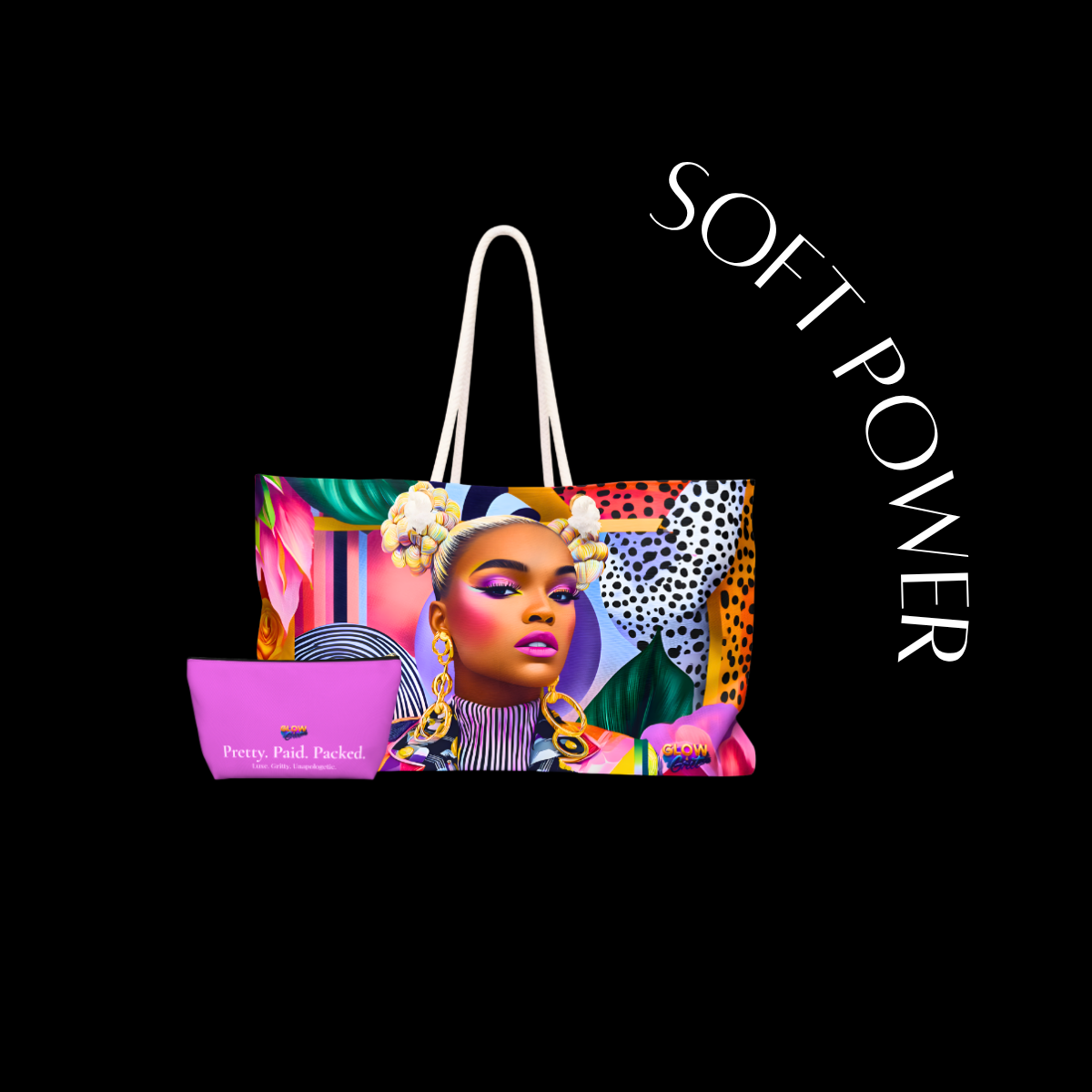 Colorful tote bag with a design of a woman's face and 'SOFT POWER' text on a black background.