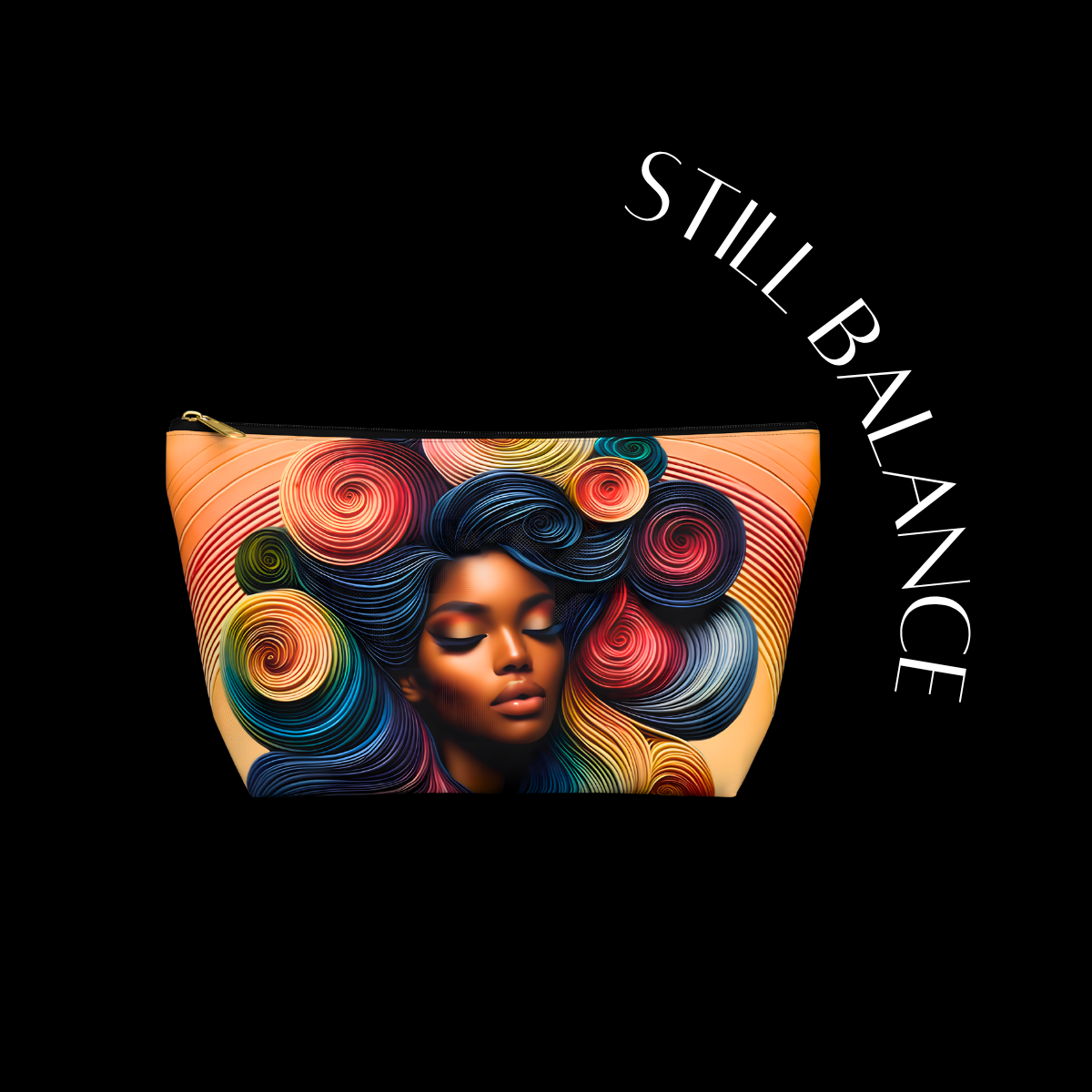 Makeup pouch with colorful hair design and 'STILL BALANCE' text on a black background