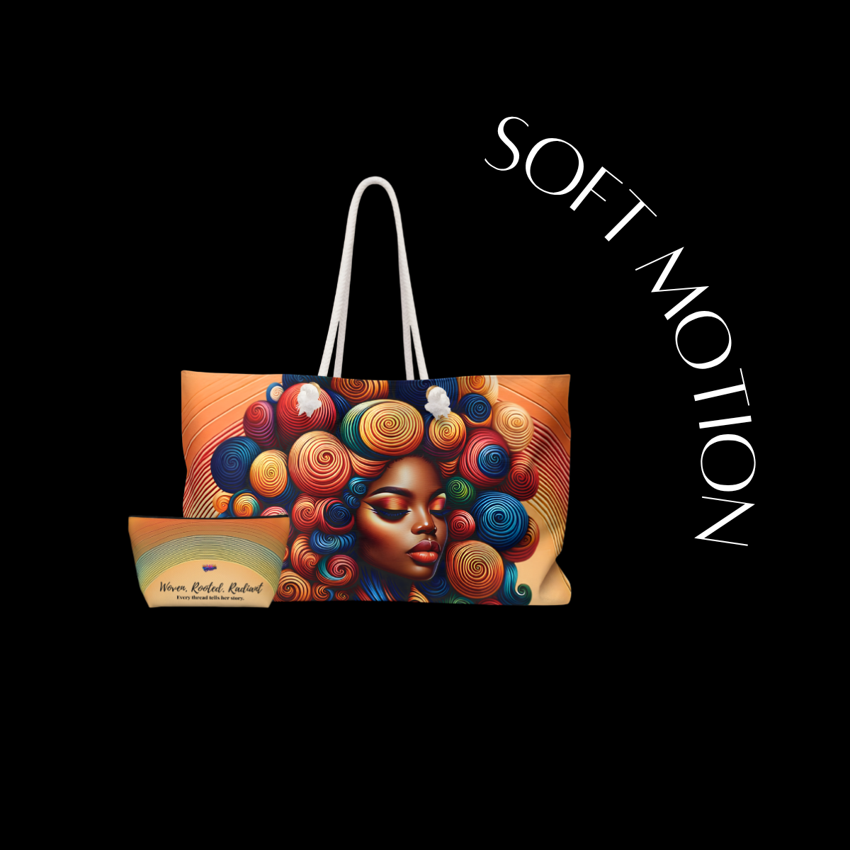 Colorful tote bag with artistic design of a face and 'Soft Motion' text on a black background