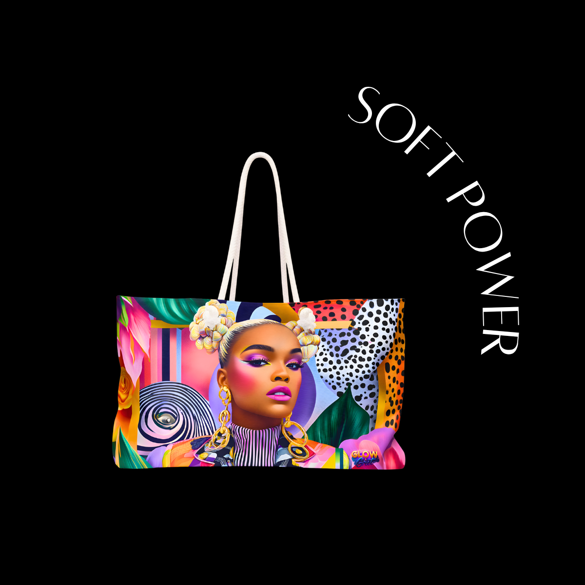 Colorful tote bag with a design of a woman's face and 'SOFT POWER' text on a black background