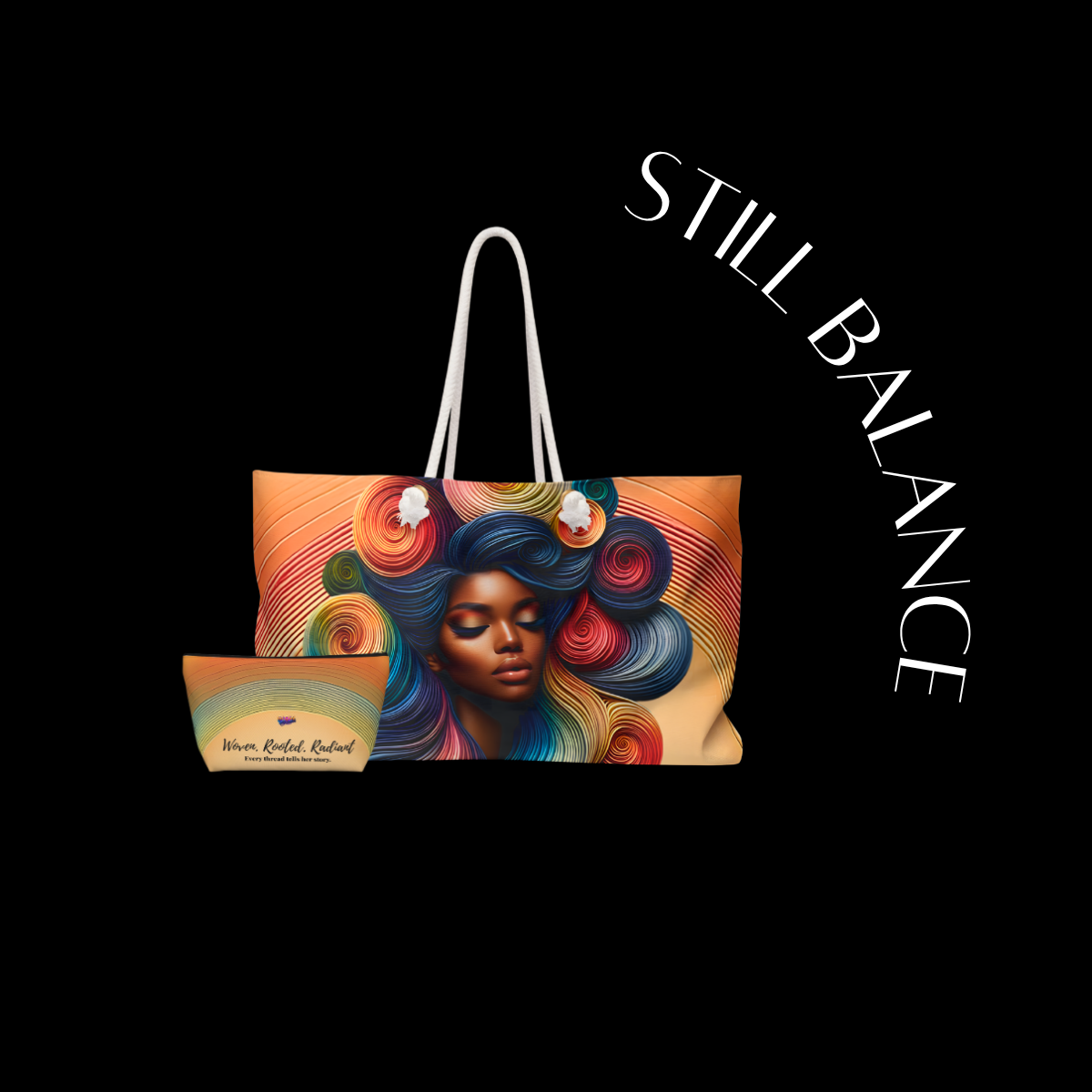 Tote bag with artistic design of a woman with colorful hair on a black background, featuring the brand 'Still Balance'.