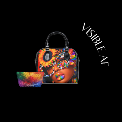 Handbag and pouch with colorful design featuring a face and abstract patterns on a black background.