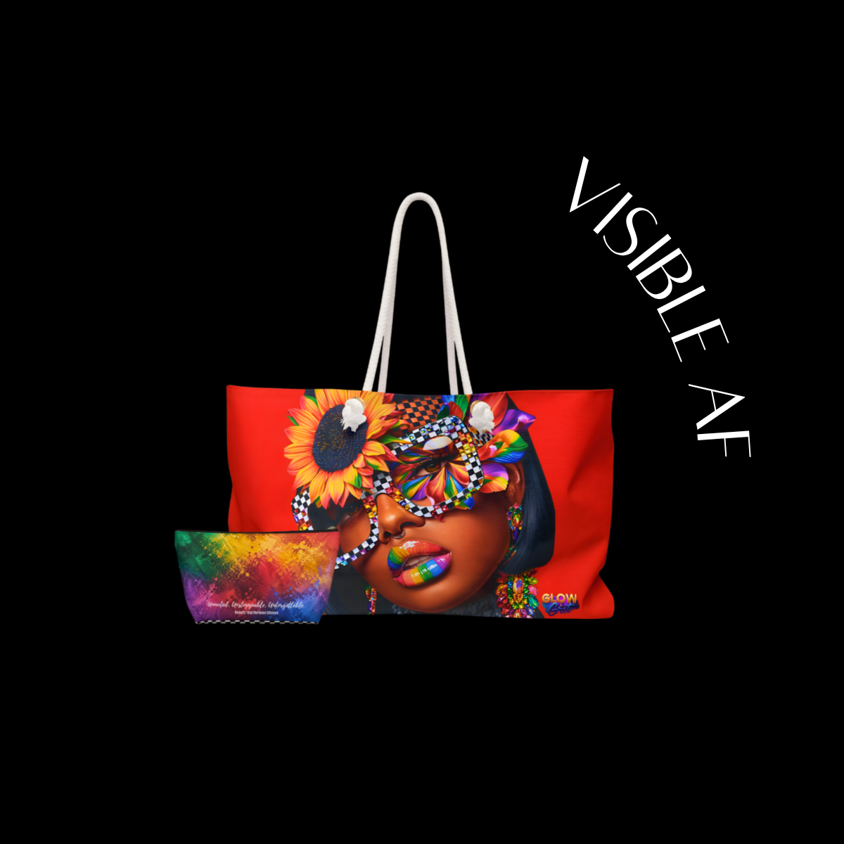 Tote bag with a colorful design of a woman's face and 'VISIBLE AF' text on a black background