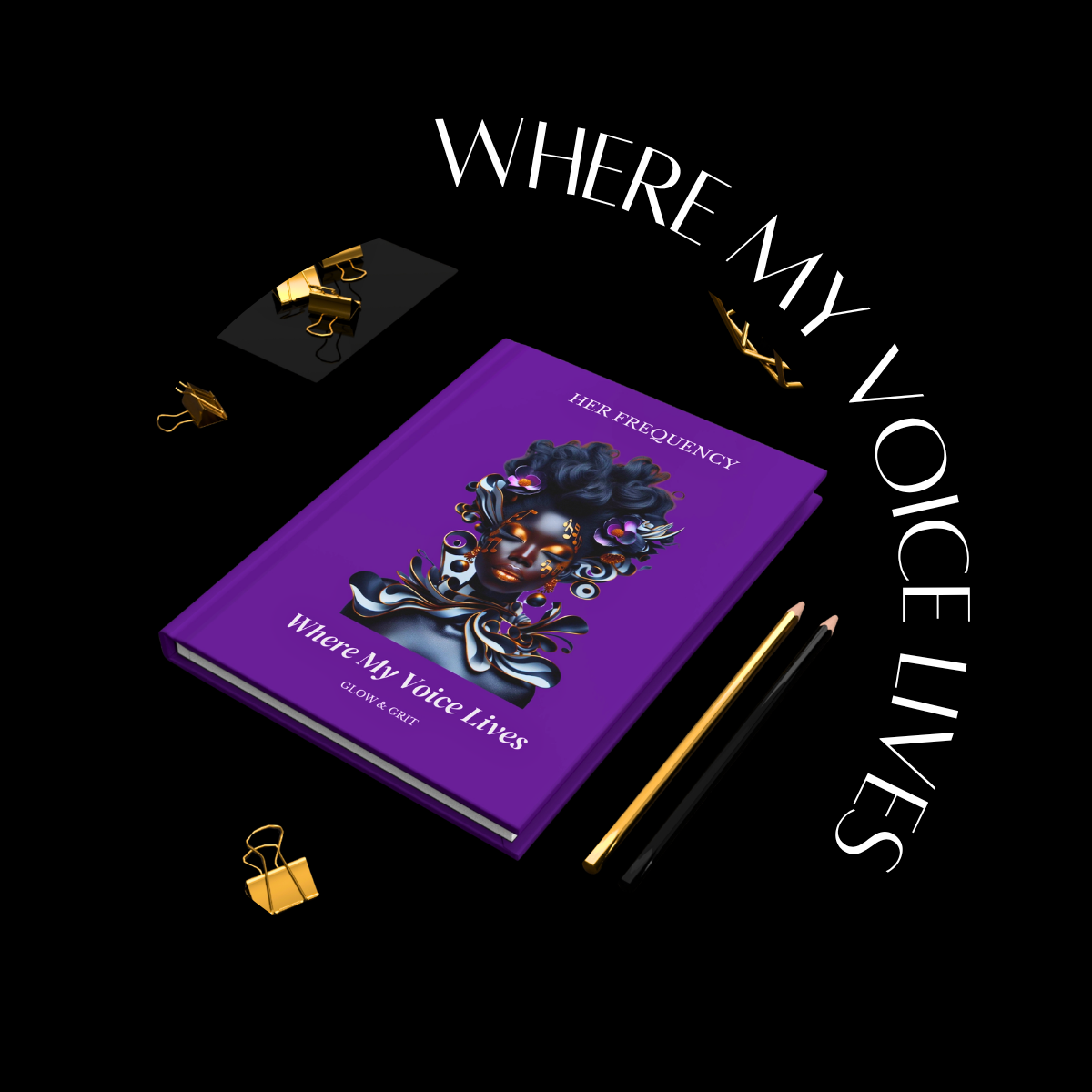 Purple book titled 'Where My Voice Lives' on a black background with text and pencils.