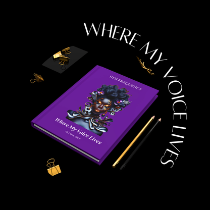 Purple book titled 'Where My Voice Lives' on a black background with text and pencils.