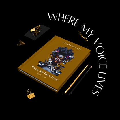 Book titled 'Where My Voice Lives' with stationery items on a black background