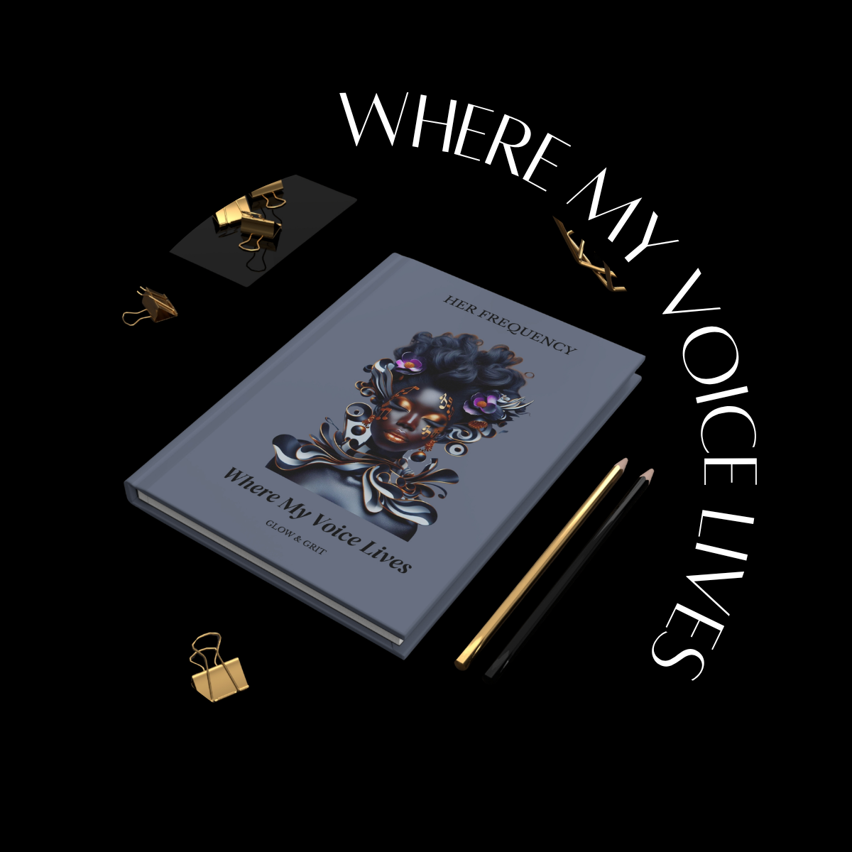 Book titled 'Where My Voice Lives' with decorative elements on a black background